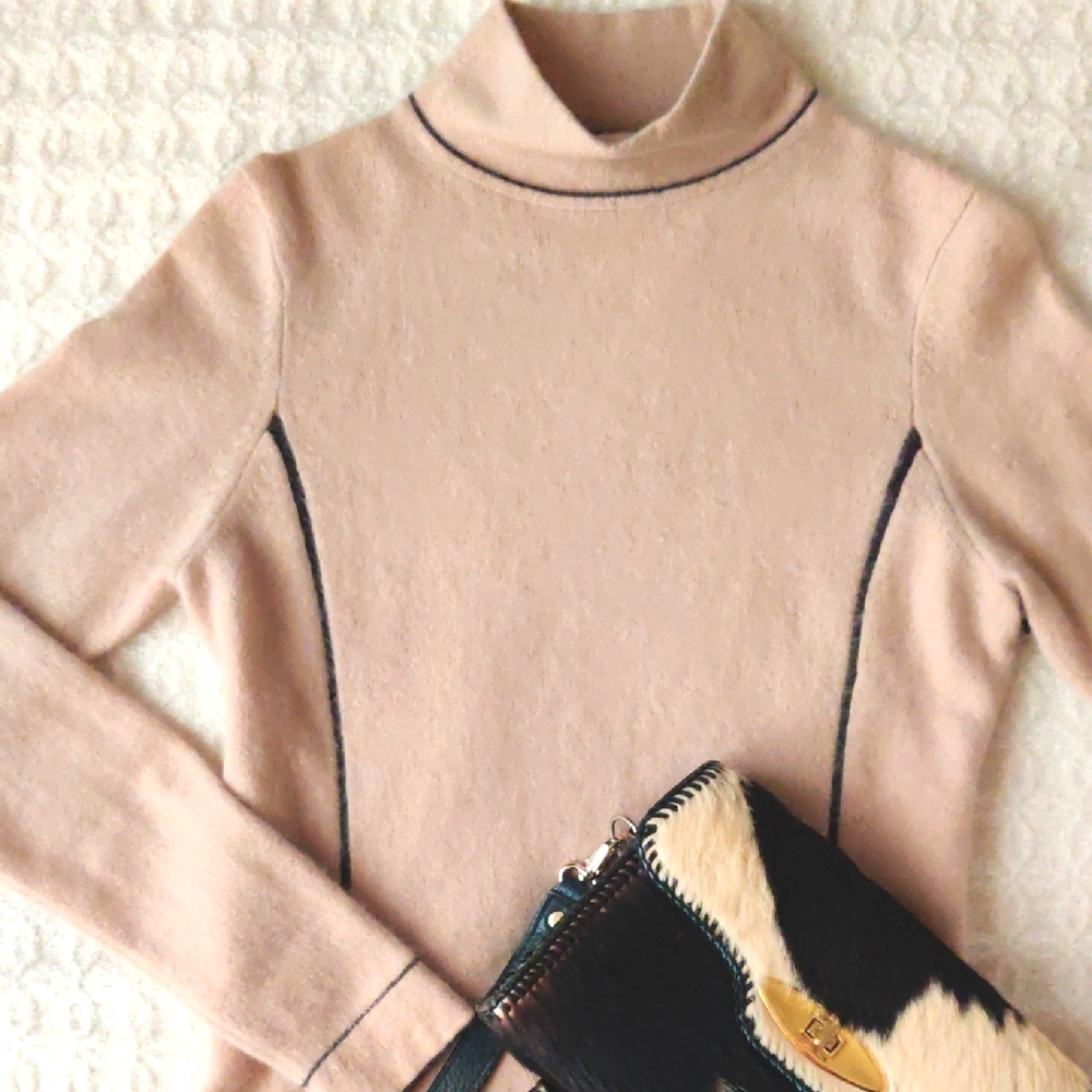 Neiman Marcus Blush Pink Turtleneck Sweater with Black Piping